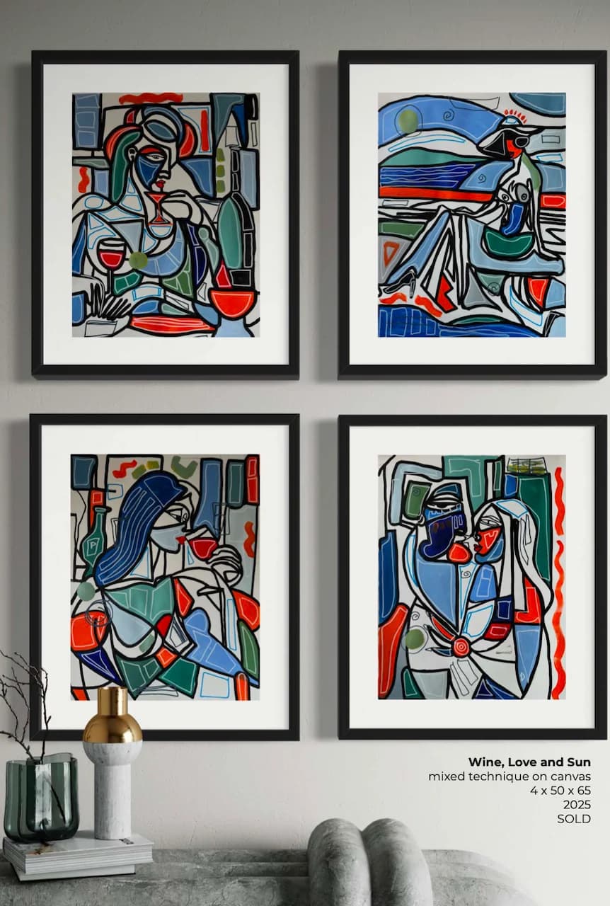 Wine, Love and sun, Technique mixte sur toile — Elliot Zontone