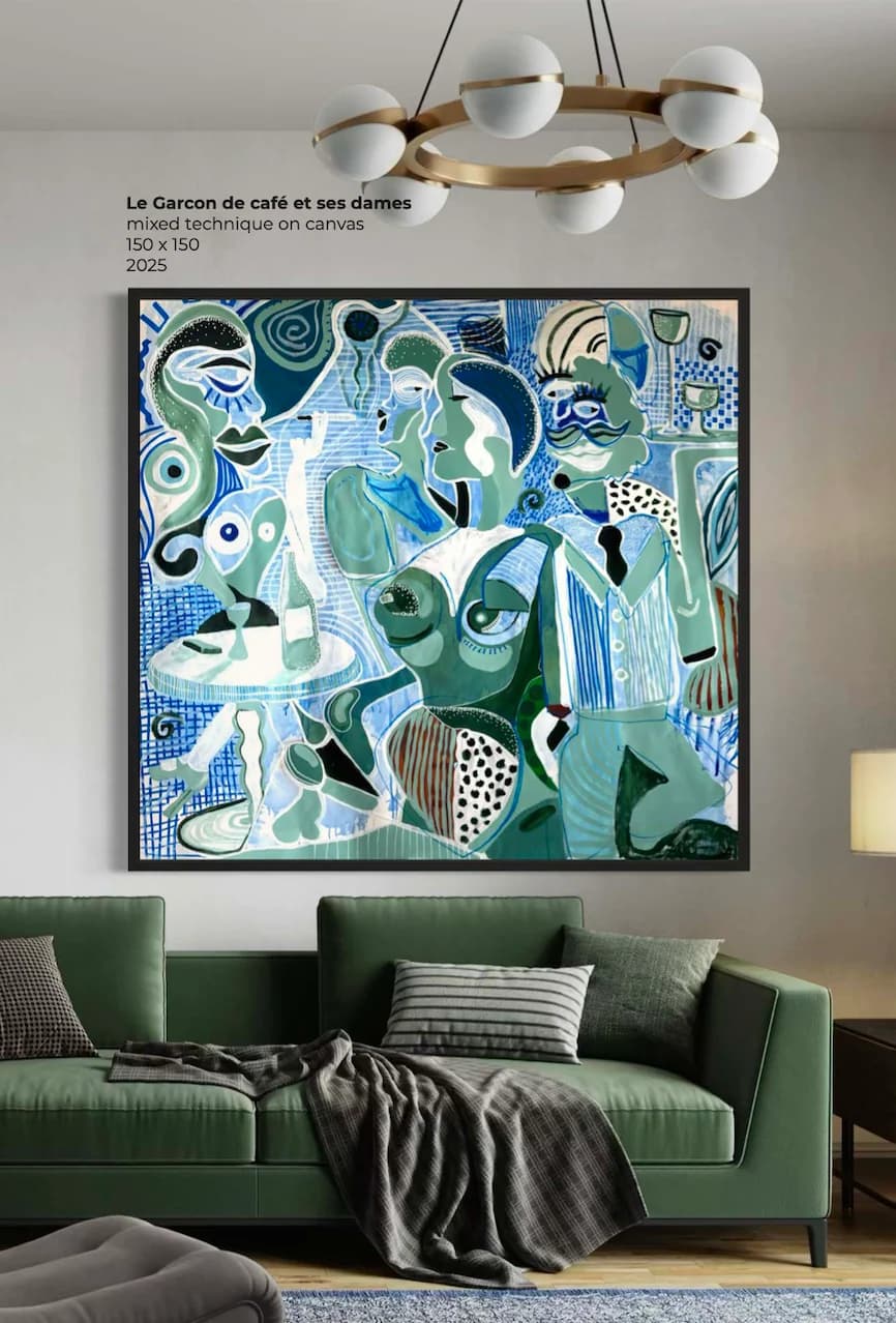 Le Garçon de café et ses dames, Technique mixte sur toile — Elliot Zontone
