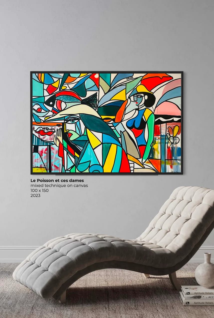 Le poisson et ses dames, Technique mixte sur toile — Elliot Zontone